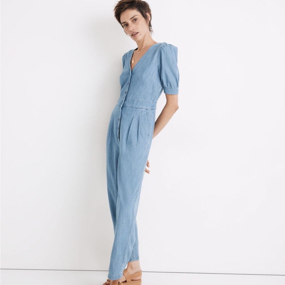 Madewell Denim Puff-Sleeve Button-Front Jumpsuit - Picture 3 of 8